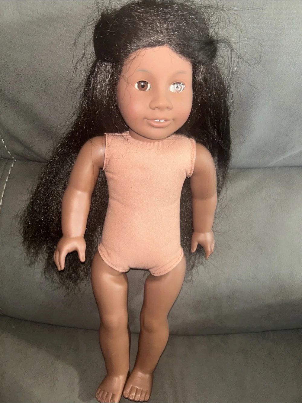 American Girl Doll with Long Black Hair and Peach Outfit